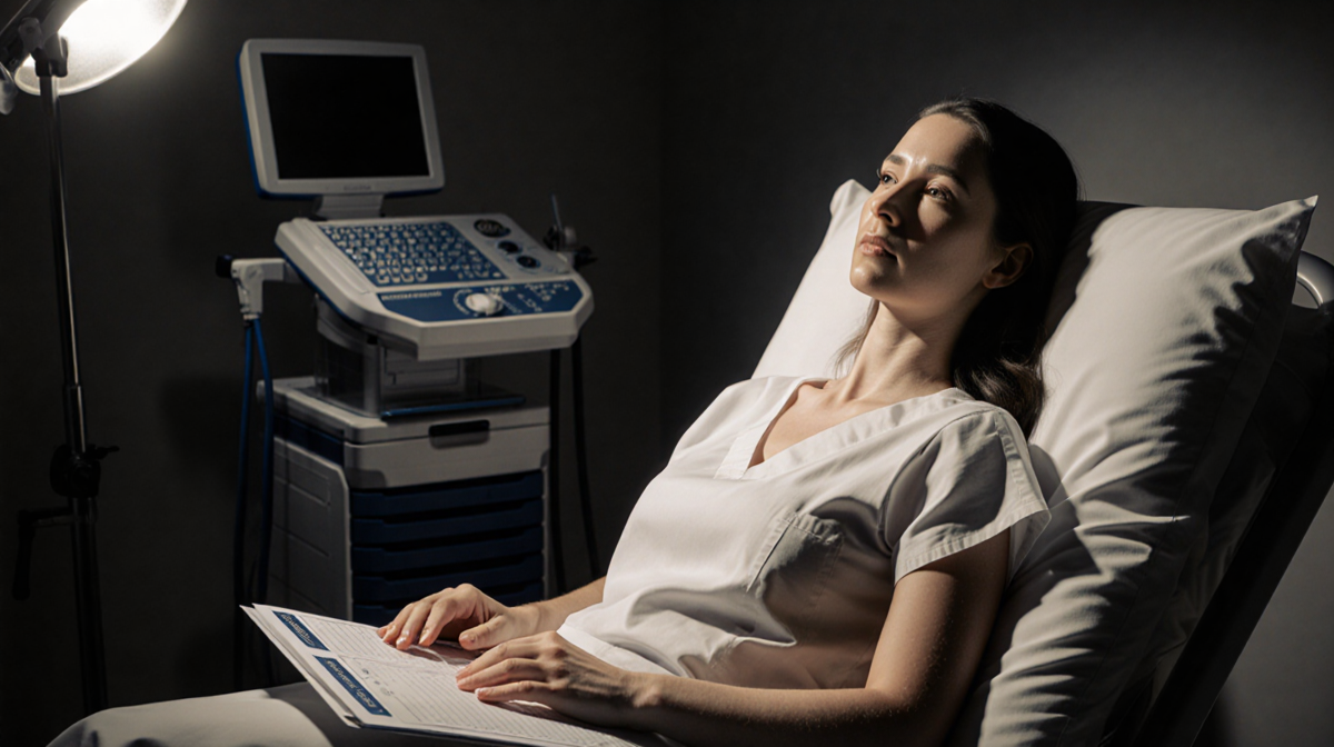Amelia Gray sits near chart light showing vulnerability and confidence in medical recovery room.