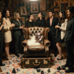 Contestants chat around a vintage suitcase with sequins and a leather armchair in a retro fashion nostalgia setting
