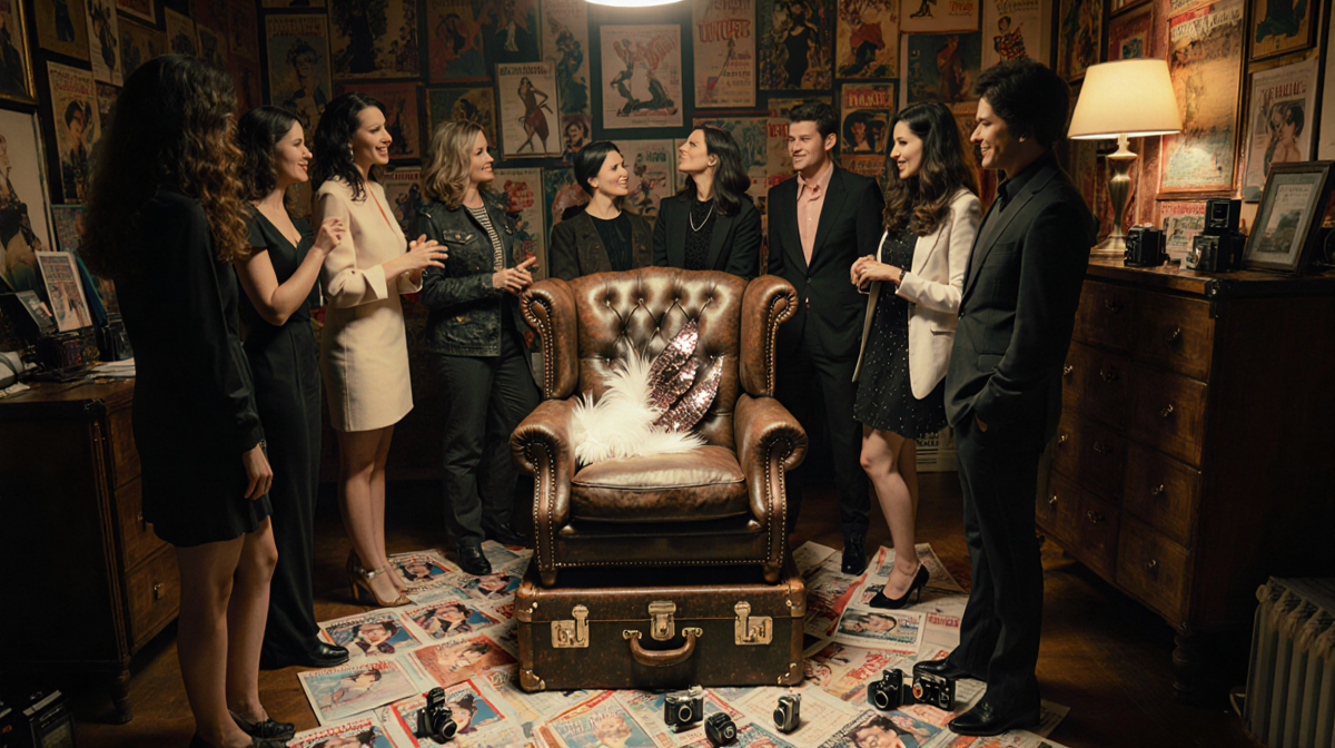 Contestants chat around a vintage suitcase with sequins and a leather armchair in a retro fashion nostalgia setting