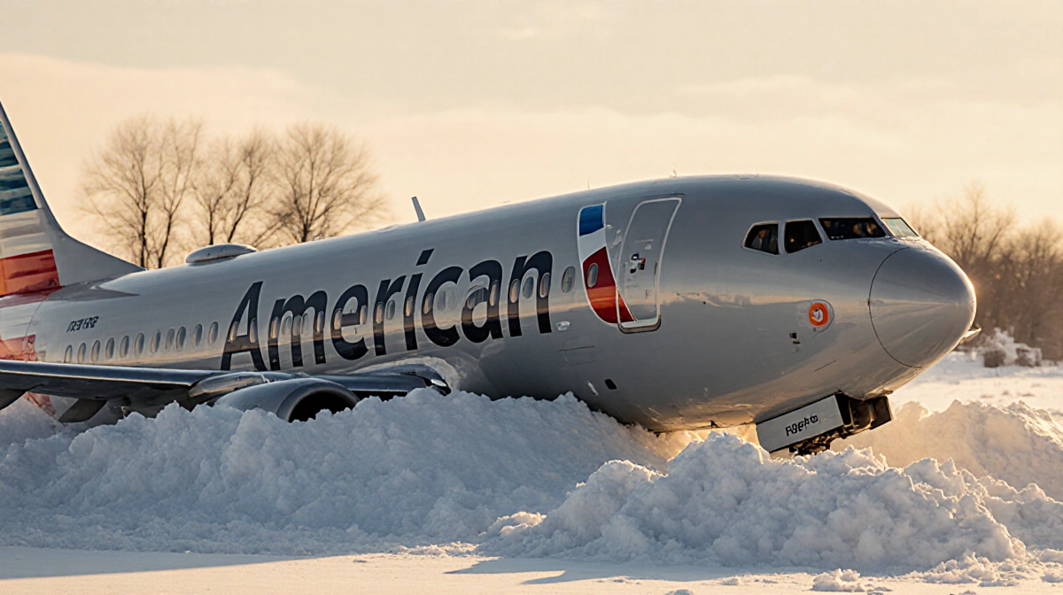 American Airlines plane stuck in snowbank with passengers visible through windows and winter landscape behind