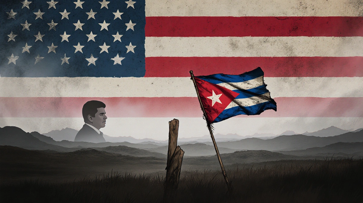 Weathered Cuban flag half-attached to wooden post with faded American flag behind and faint outline of Maduro in distance.