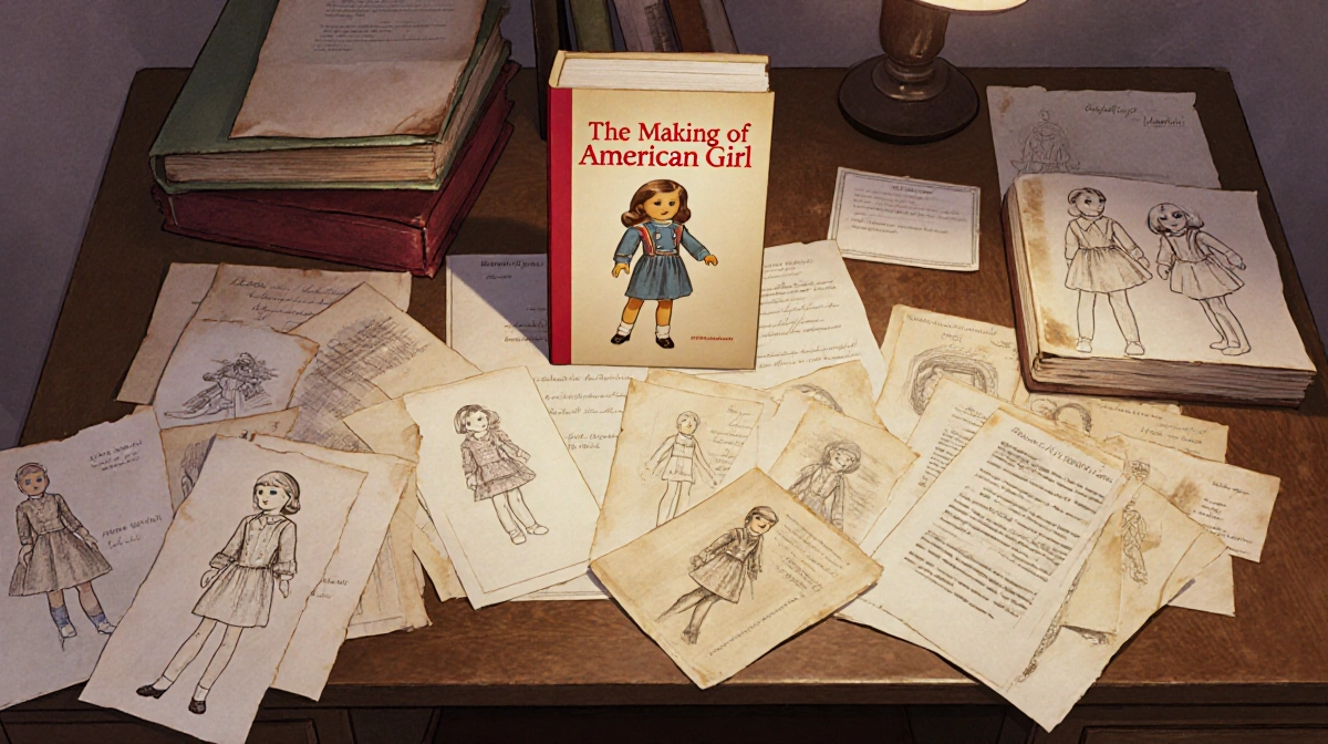 Vintage desk displays American Girl archives with scattered sketches and product designs under warm nostalgic lighting