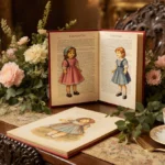 American Girl books rest on vintage table with antique tea set and pastel flowers celebrating 40th anniversary