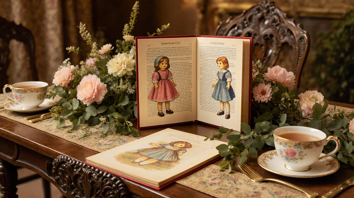 American Girl books rest on vintage table with antique tea set and pastel flowers celebrating 40th anniversary