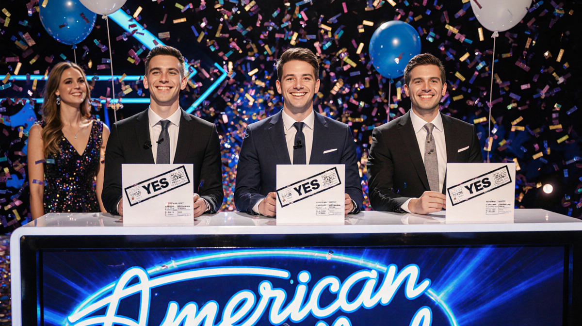 Three judges smiling over ballots with American Idol branding and confetti while Thomas and his girlfriend beam.