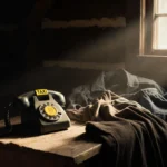 Amish-style clothing draped across rustic cabin floor with vintage telephone and warm sunlight streaming through window