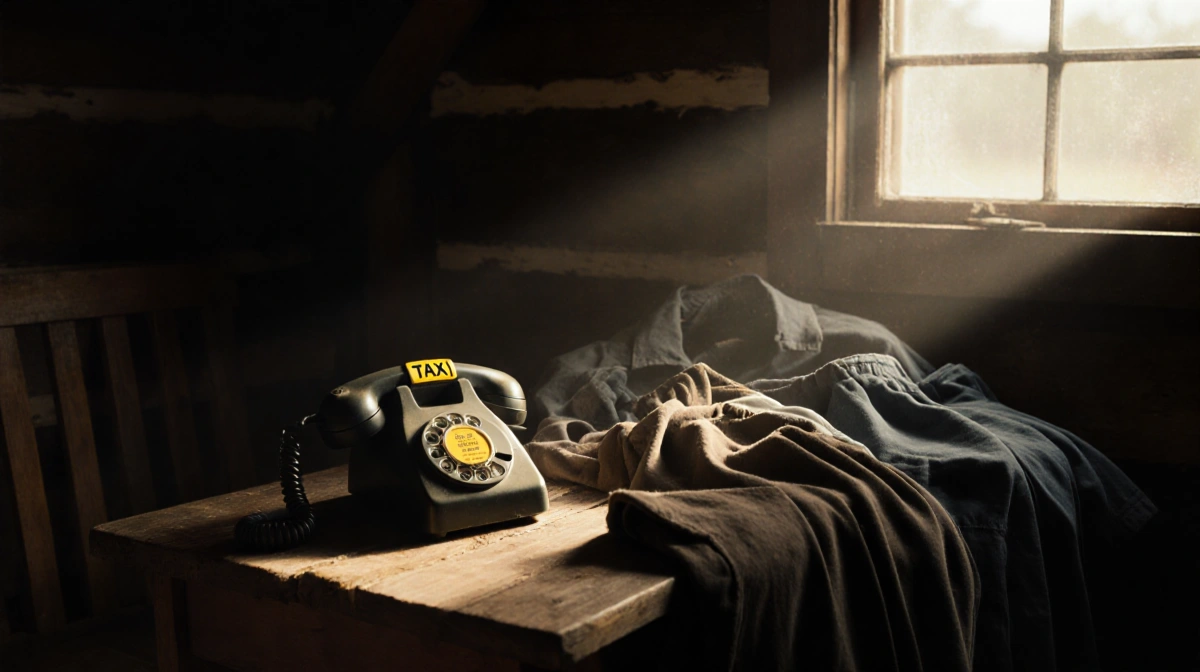Amish-style clothing draped across rustic cabin floor with vintage telephone and warm sunlight streaming through window