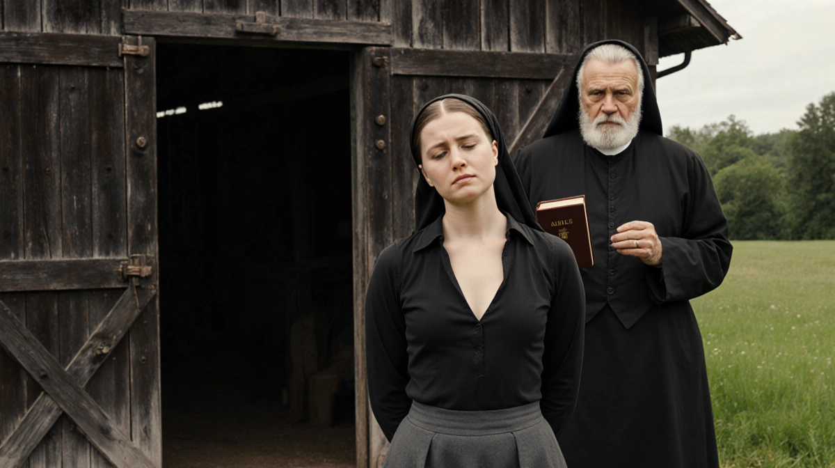 Young woman in modern clothing stands with elderly Amish bishop holding Bible near barn door
