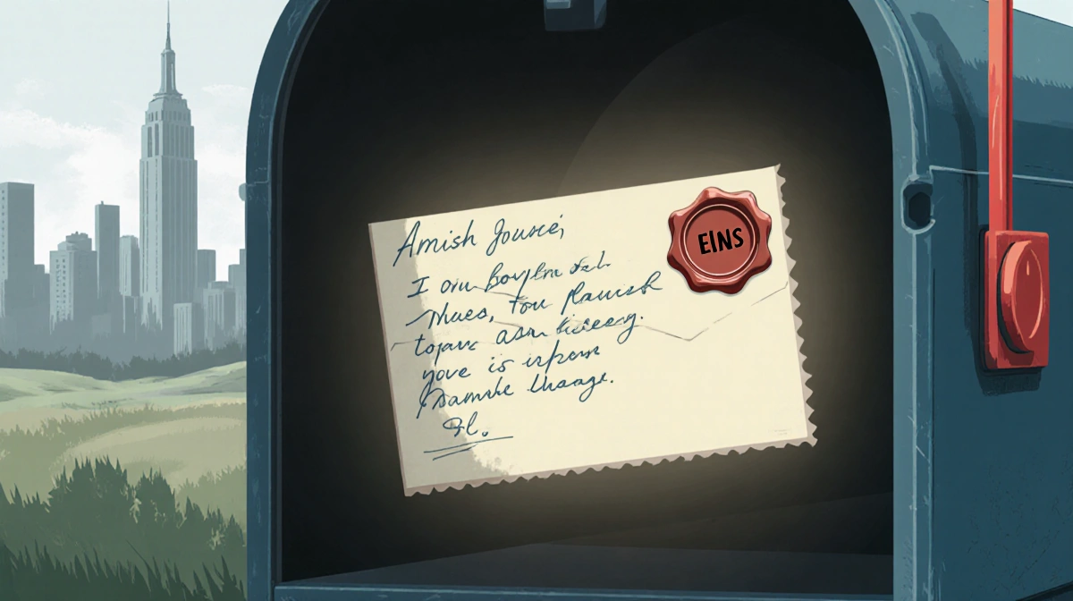 Amish mailbox holds wax-sealed letter addressed to Ens with blurred New York skyline behind