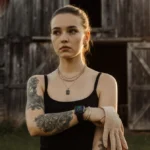 Young woman stands at Amish farm with Apple Watch and tattoos showing dance gloves in hand