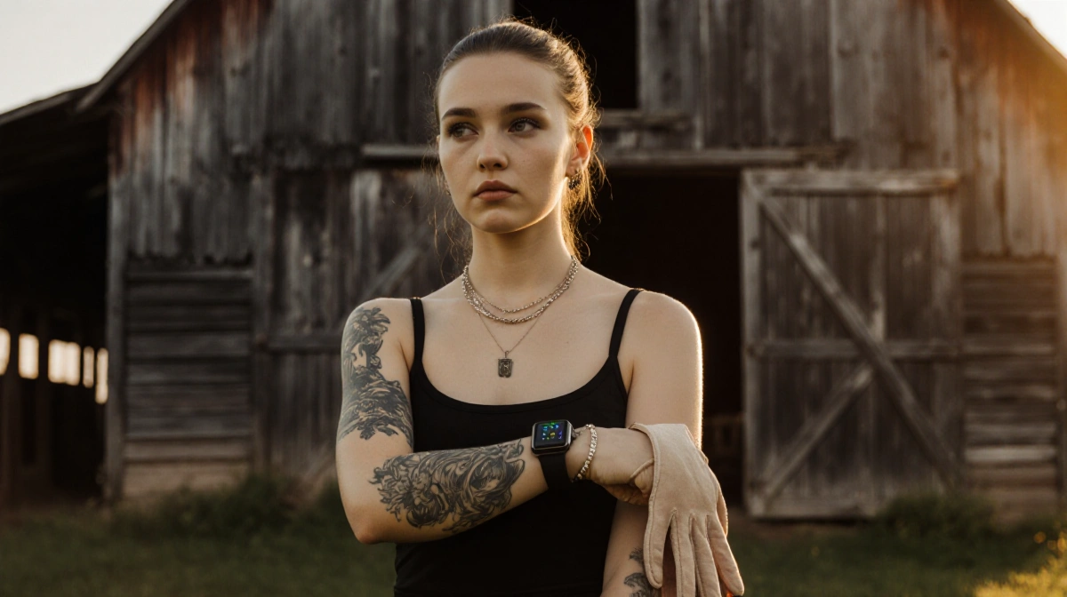 Young woman stands at Amish farm with Apple Watch and tattoos showing dance gloves in hand