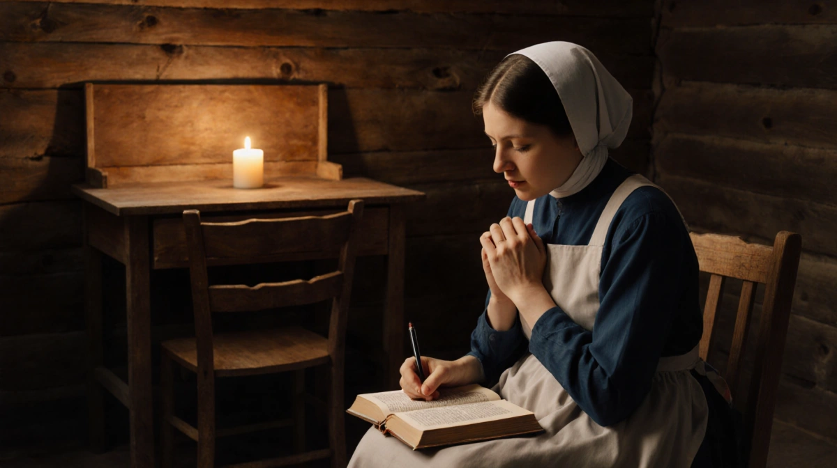 Amish woman prays with closed eyes and journal beside open Bible in candlelit room with wooden furniture