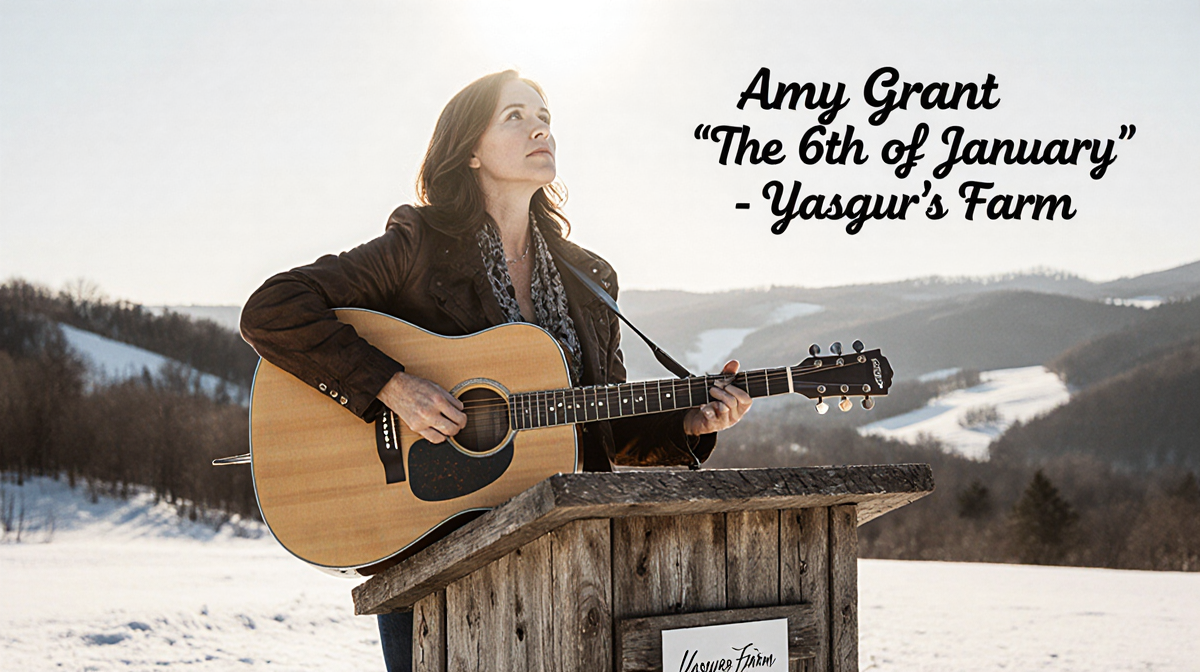 Amy Grant standing with guitar on a podium at Yasgur