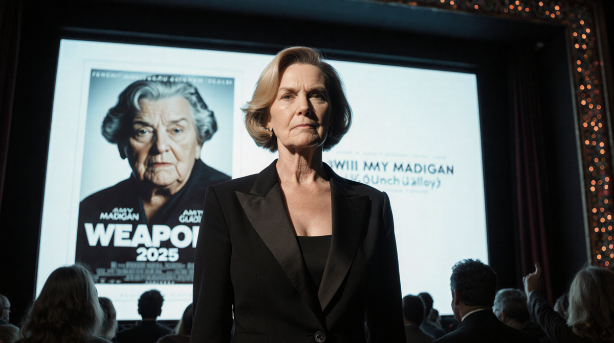 Actress in formal gown standing before screen with poster of Weapons and shadowy theater crowd