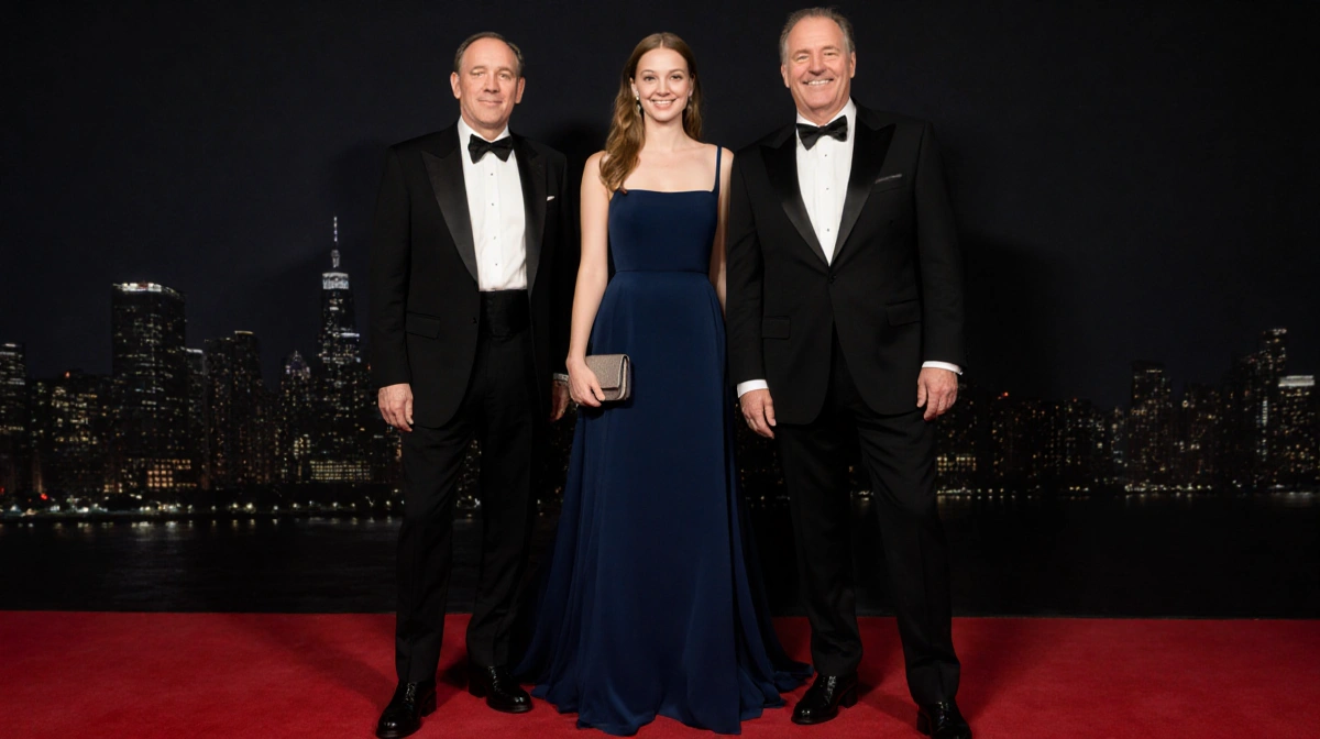 Amy Madigan and Ed Harris stand with daughter Lily on red carpet wearing matching tuxedos with her elegant blue gown