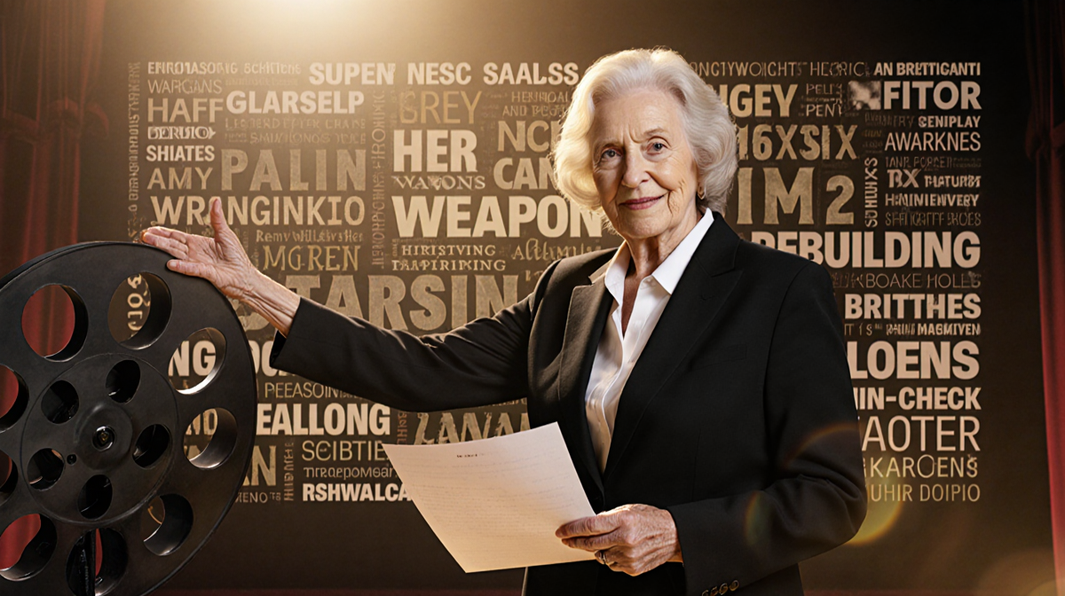 Amy Madigan standing holding a script with film reel backdrop and golden light illuminating her face