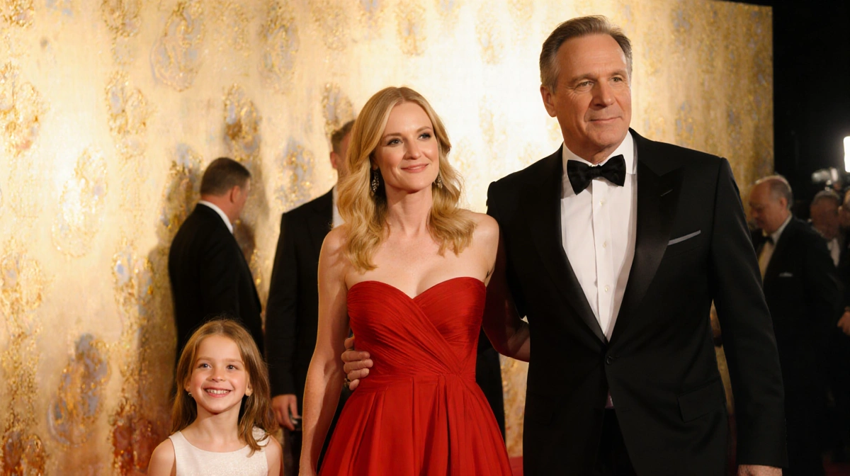 Amy Madigan walking Golden Globes red carpet with Ed Harris and Lily wearing elegant red gown and tuxedo