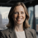Amy Madigan standing empowered with head held looking at camera with warm smile and resilient light over blurred cityscape