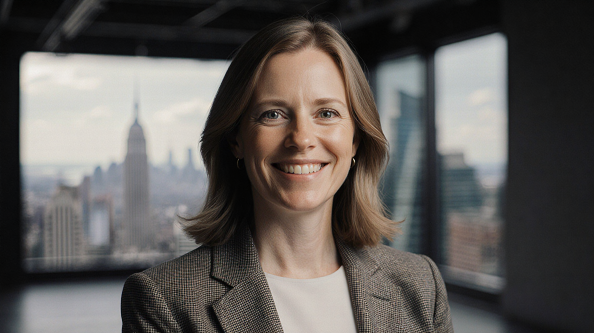 Amy Madigan standing empowered with head held looking at camera with warm smile and resilient light over blurred cityscape