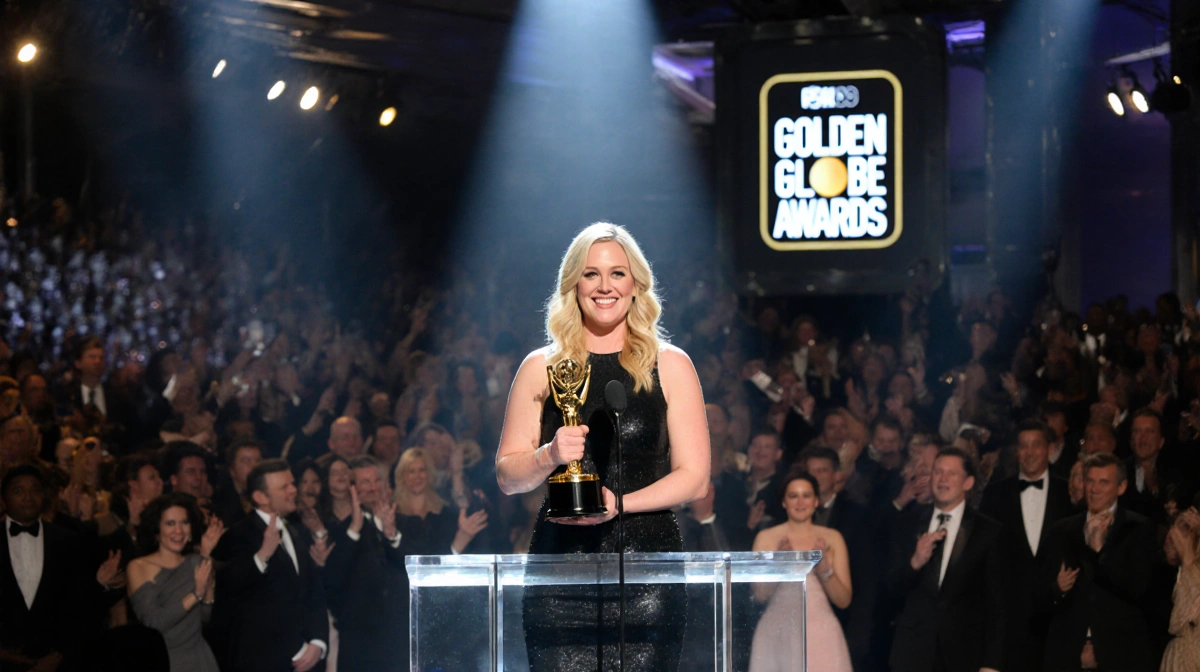 Amy Poehler clutching her Golden Globe at podium with spotlight and Good Hang logo behind her