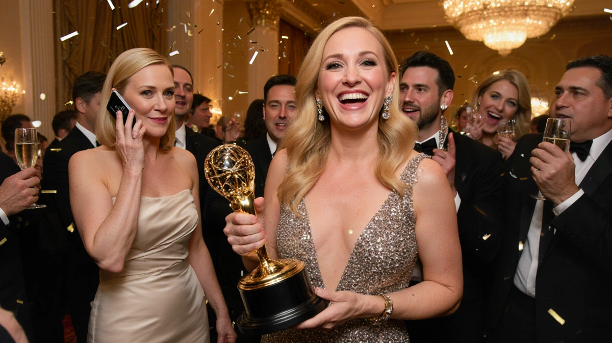 Amy Poehler holds her Golden Globe award with Meryl Streep listening to her podcast on phone and champagne glasses sparkling