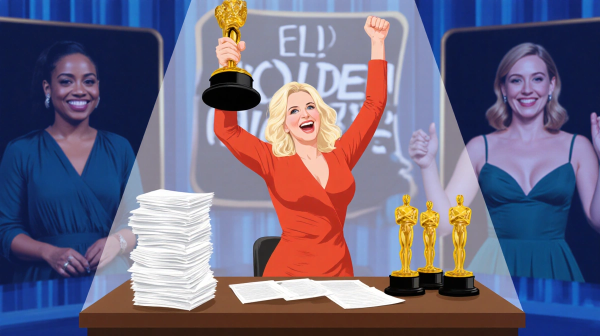 Amy Poehler raises her Golden Globe trophy with arms raised in victory and blurred nominees behind her