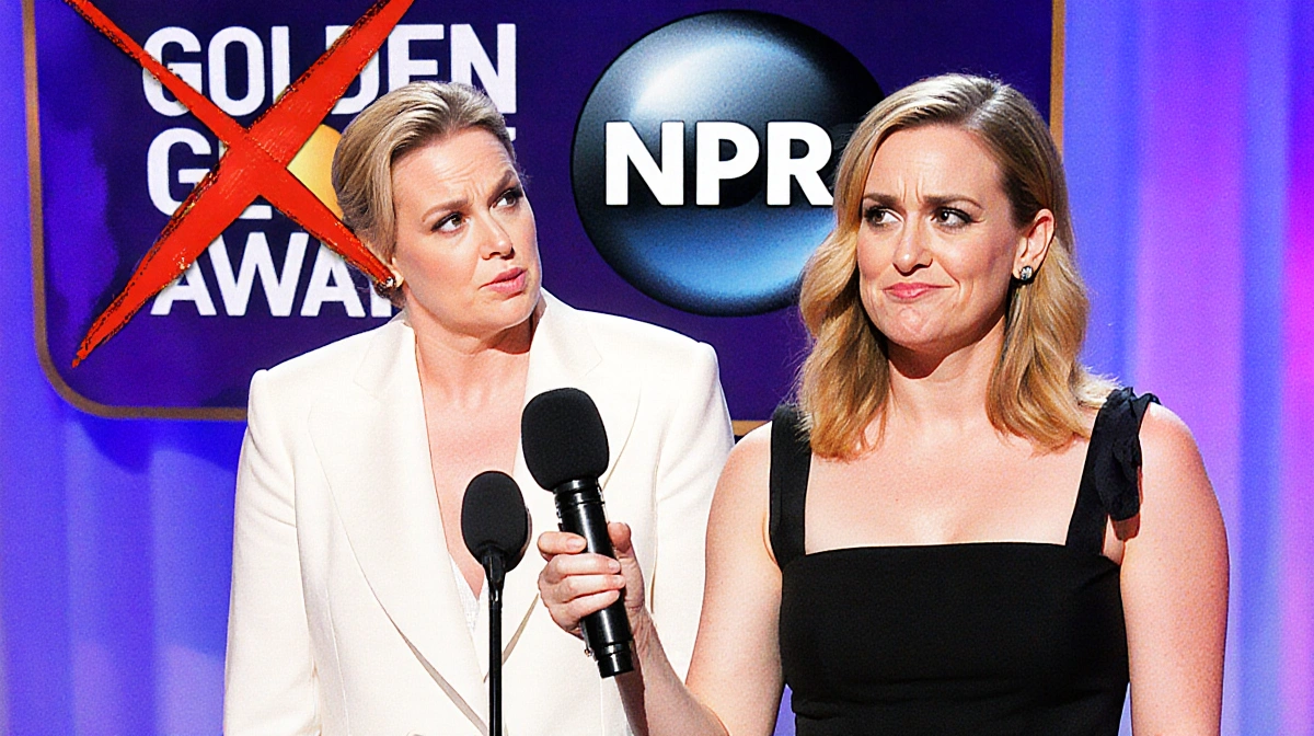 Amy Poehler playfully teasing NPR onstage with an NPR logo and crossed symbols behind her