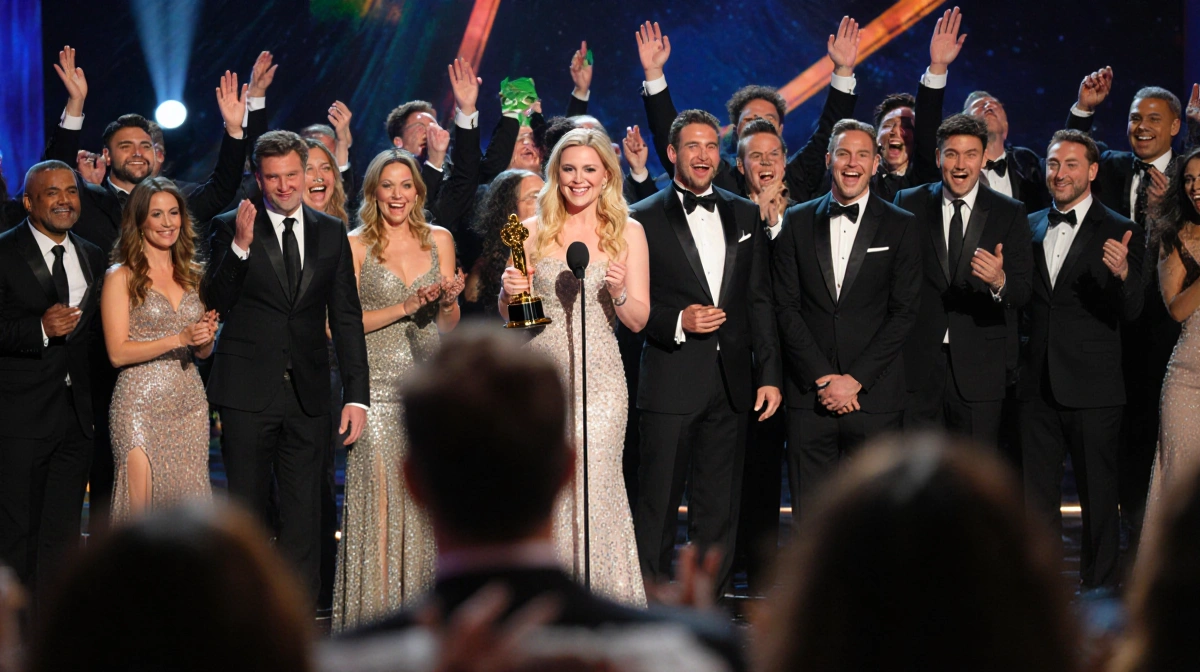 Amy Poehler holds her Golden Globe award with diverse TV winners and cheering audience behind her