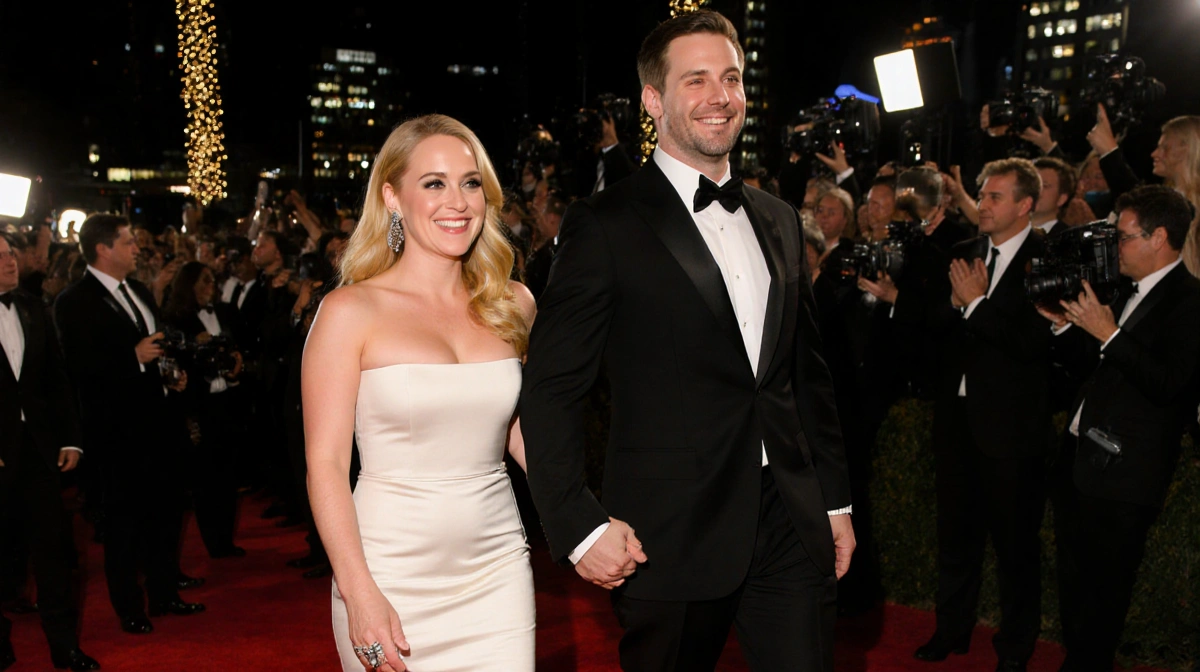 Amy Poehler walks hand-in-hand with Joel Lovell at the Golden Globes with golden lights and city skyline behind