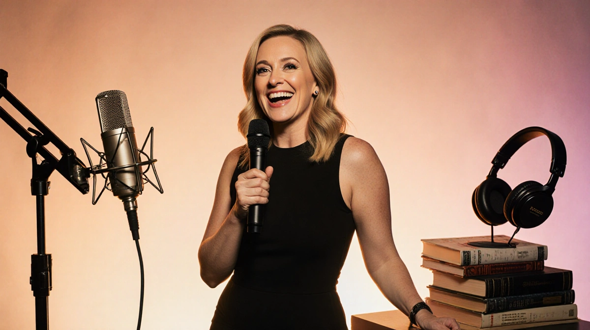 Amy Poehler holding microphone with podcast equipment and award showing gratitude during acceptance speech