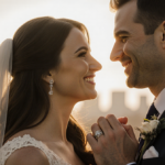 Amy Slaton smiles with wedding rings while Brian Lovvorn supports her in light blurred cityscape.