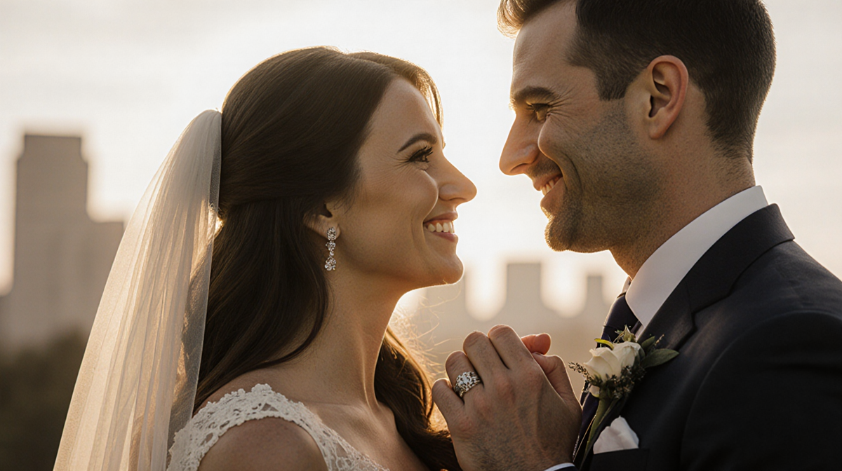Amy Slaton smiles with wedding rings while Brian Lovvorn supports her in light blurred cityscape.
