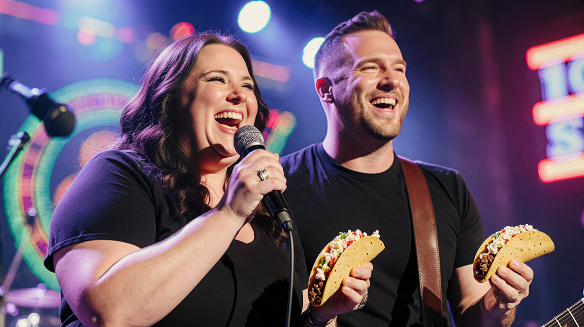 Amy Slaton singing into microphone with Brian Lovvorn beside her under neon lights and holding tacos at a rock concert