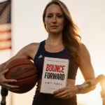 Amy Purdy stands confidently with prosthetic legs and basketball while holding her book Bounce Forward with American flag beh