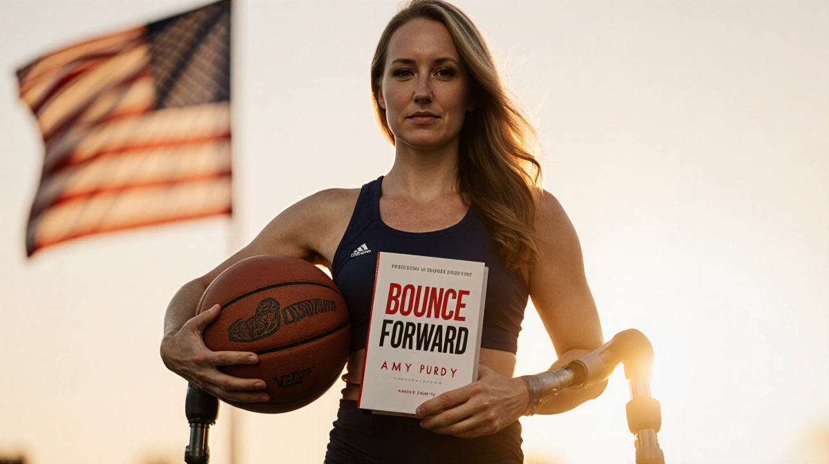 Amy Purdy stands confidently with prosthetic legs and basketball while holding her book Bounce Forward with American flag beh
