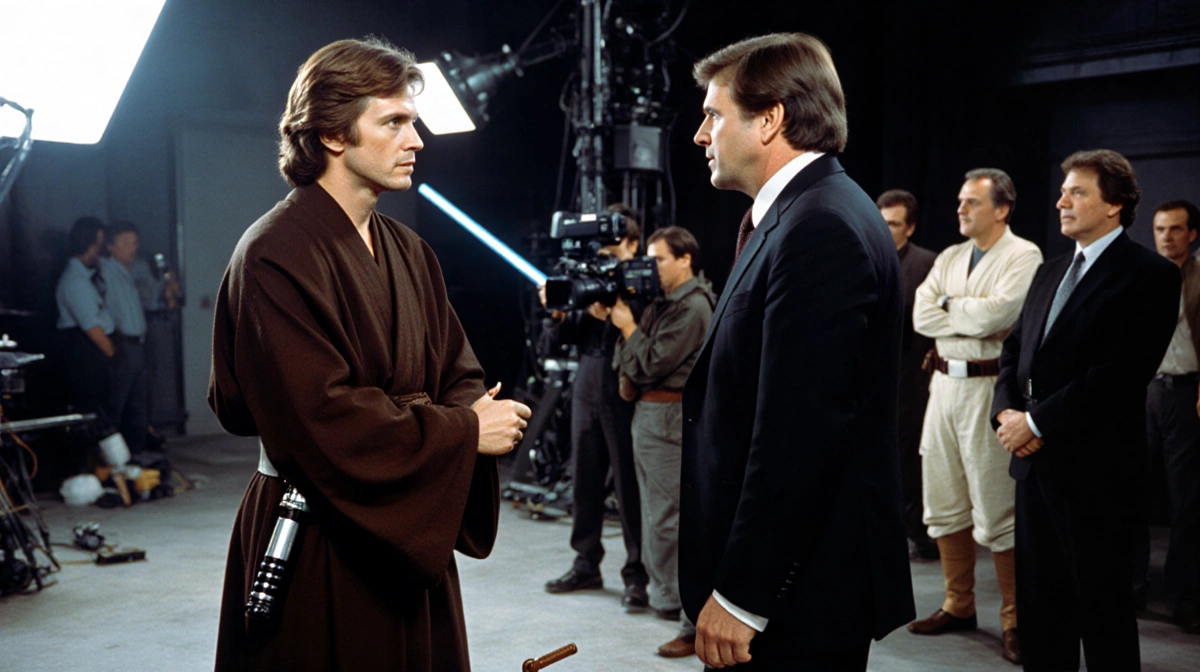 Anakin Skywalker actor faces George Lucas on set with lightsaber drawn and film crew nearby