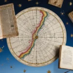 Ancient star maps merge with modern constellation charts showing Aries and Gemini with gold manuscripts and floating stars ag