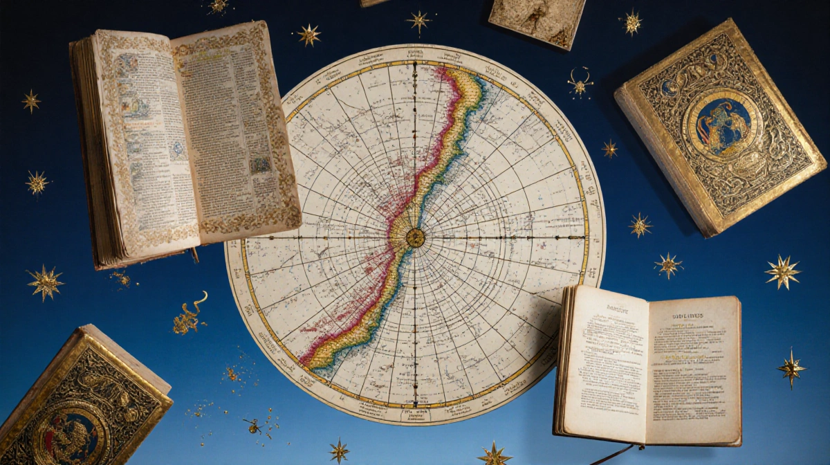 Ancient star maps merge with modern constellation charts showing Aries and Gemini with gold manuscripts and floating stars ag
