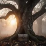 Ancient tree glowing with sunrise light through gnarled branches and weathered wooden chest nestled at base