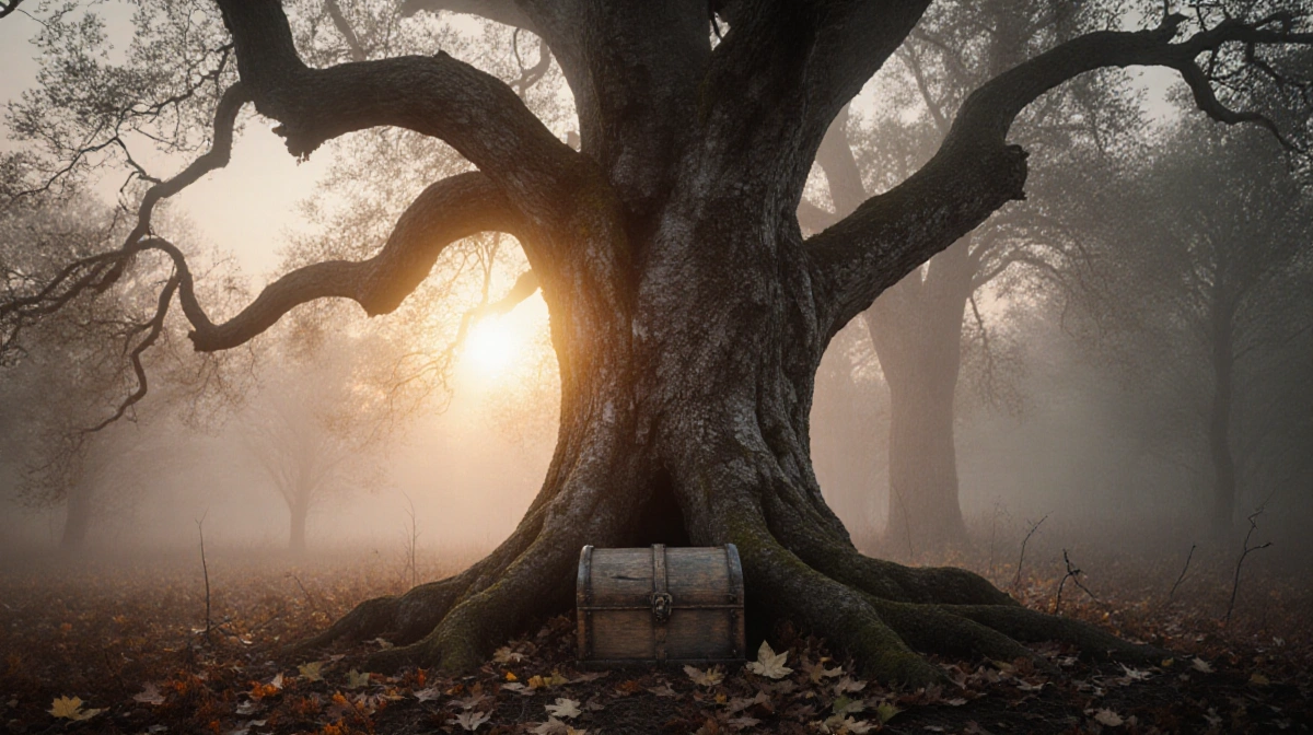 Ancient tree glowing with sunrise light through gnarled branches and weathered wooden chest nestled at base