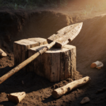 Ancient wooden spearhead lying on plinth with warm light and scattered artifacts.