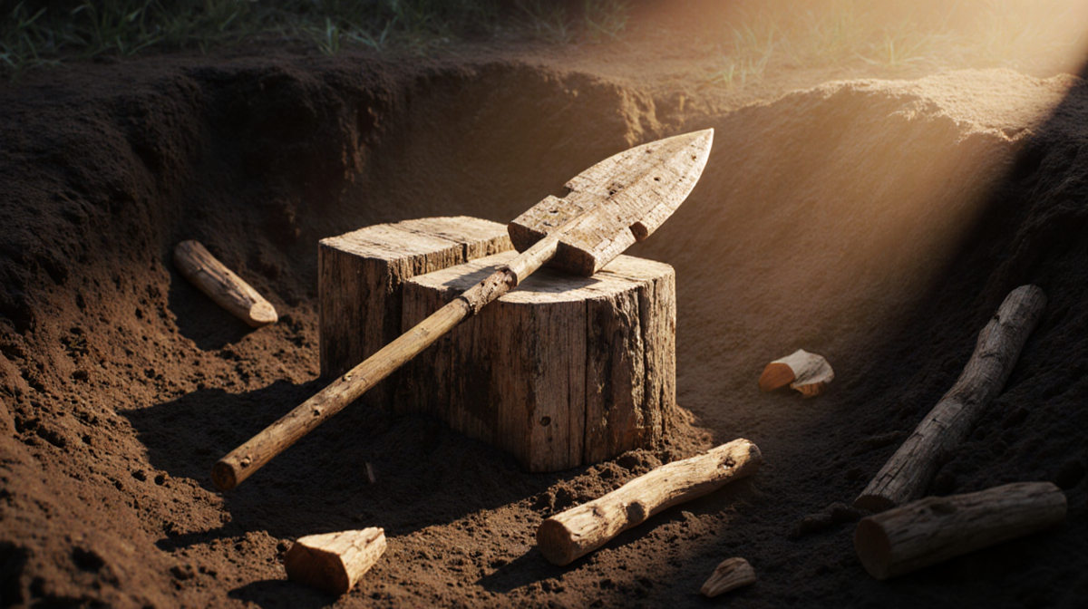 Ancient wooden spearhead lying on plinth with warm light and scattered artifacts.