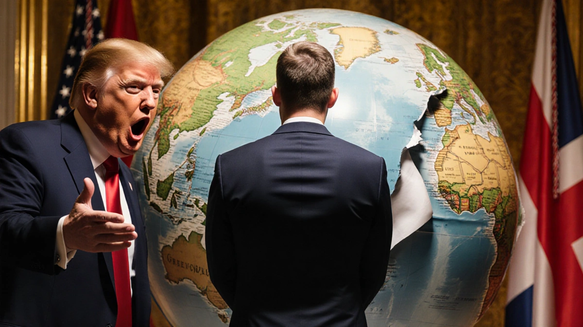 Anders Vistisen stands defiantly amid tension before a torn Greenlandic map with Trump shocked Denmark and Greenland flags wa