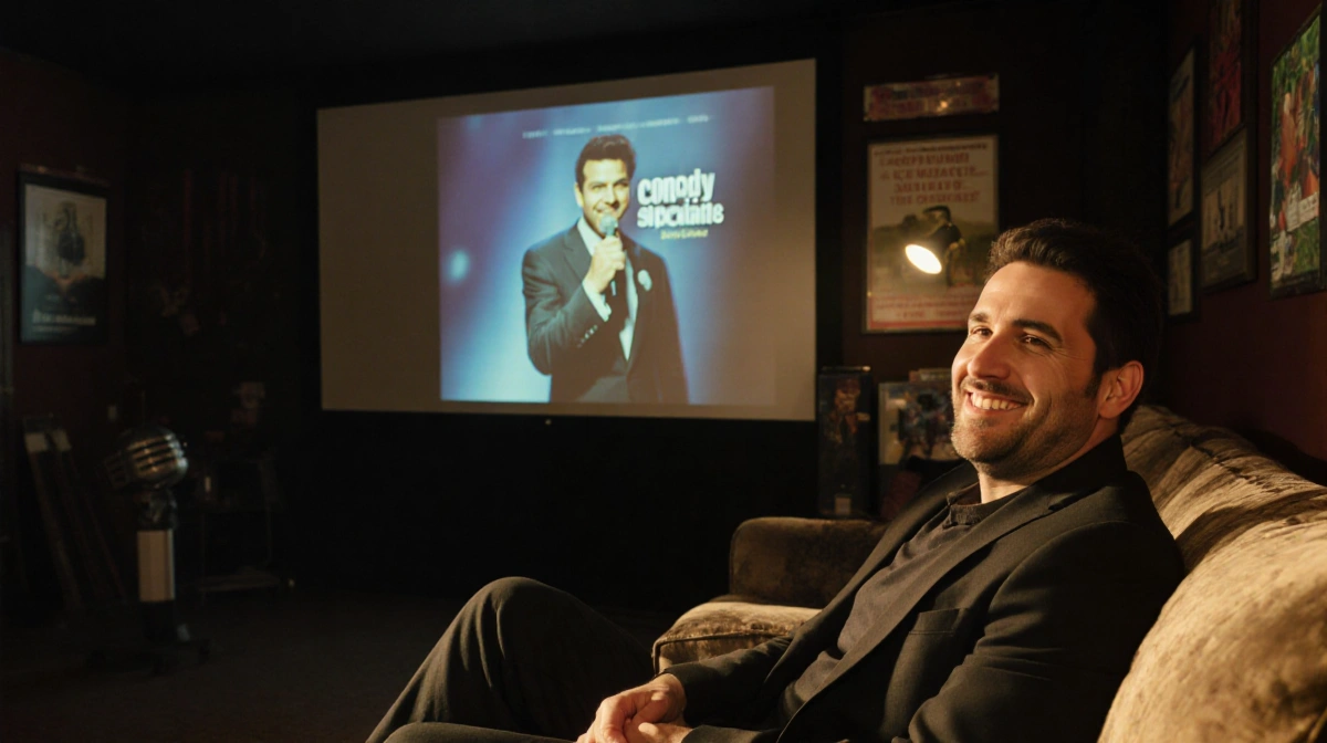 André Ricciardi smiling warmly on worn couch with comedy memorabilia and colonoscopy machine in background