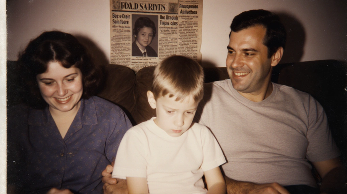 A young boy sits uncomfortably on his father