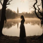 Andrea Yates stands alone at lake with twisted trees and church steeple behind