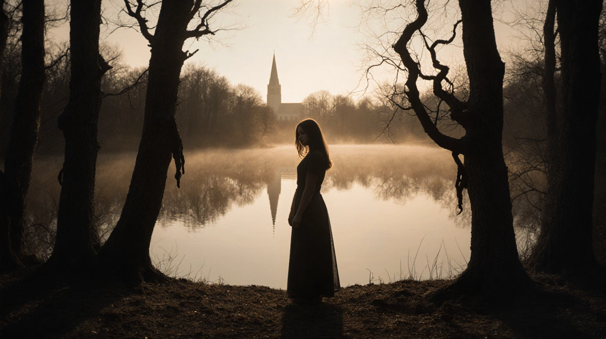 Andrea Yates stands alone at lake with twisted trees and church steeple behind