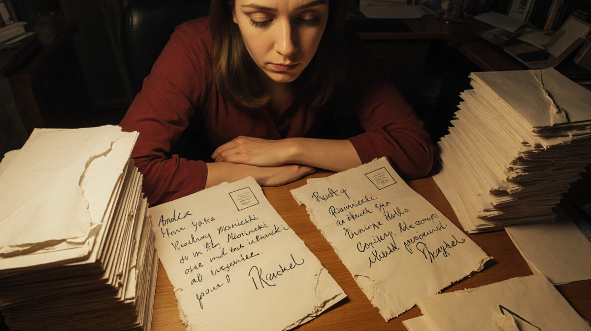 Andrea Yates writing letters with stacks of envelopes and handwritten notes showing emotional vulnerability