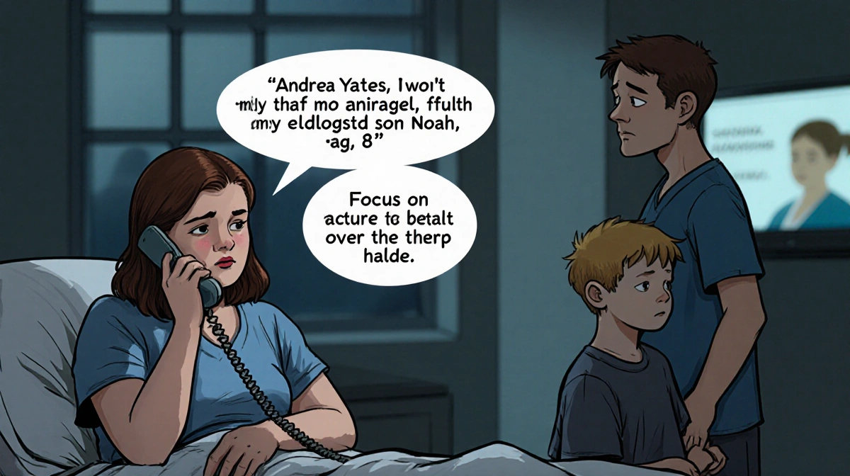 Andrea Yates sits with head in hands while talking to son Noah with husband Rusty standing nearby in hospital room