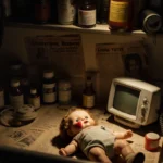 Old doll lies on changing table with medical bottles and vintage baby monitor casting eerie shadows